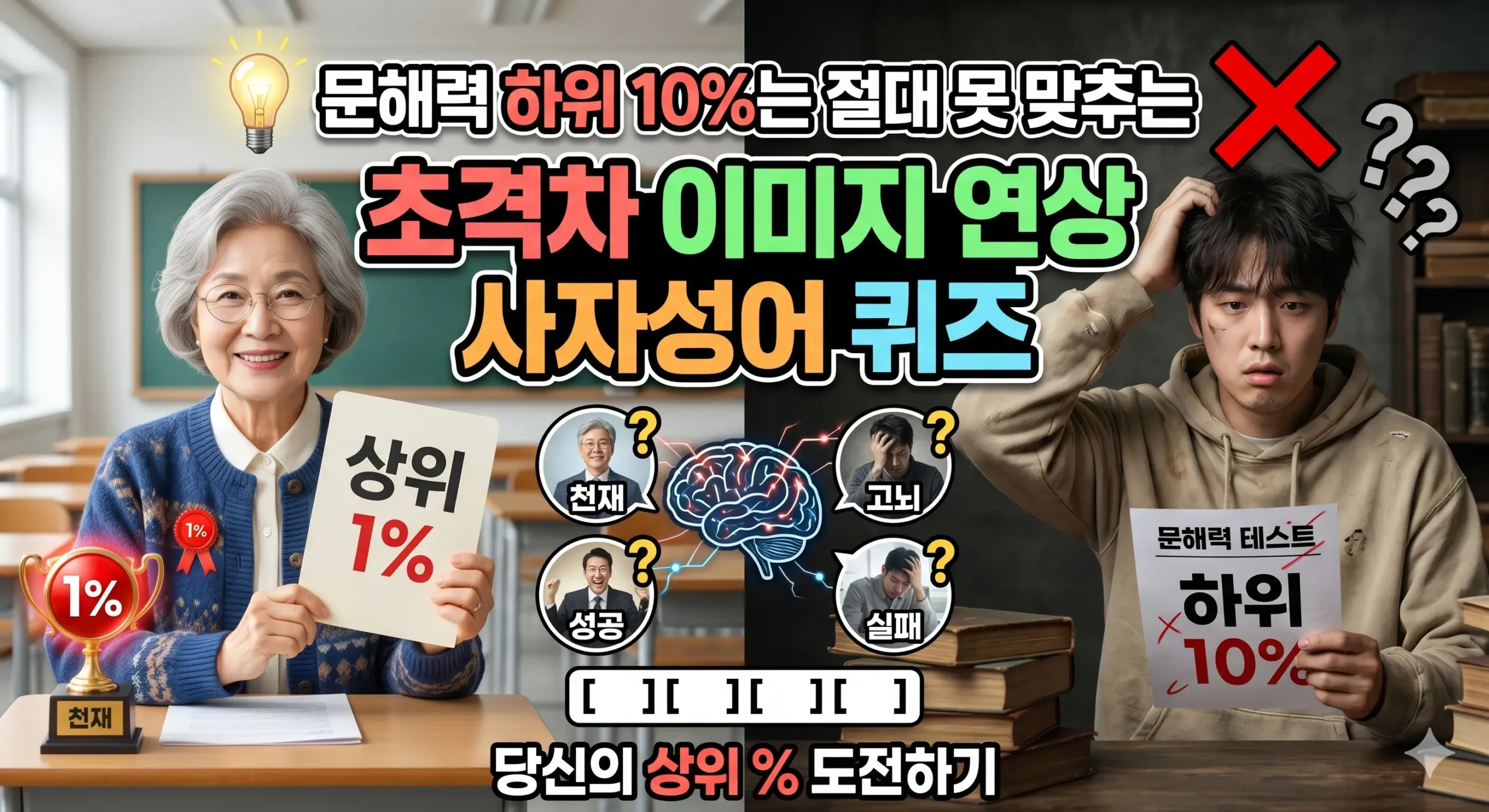 트렌디한 문해력 복원 및 이미지 연상 기반 고난도 사자성어 추론 테스트 썸네일 이미지